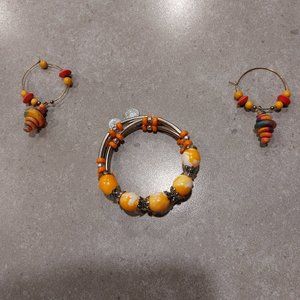 FASHION JEWELRY Wrap-Around Silver Tone/Orange Bracelet w/Matching Earrings